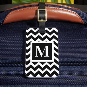 Etiqueta Para Maletas Monograma Zigzag elegante negro y blanco moderno
