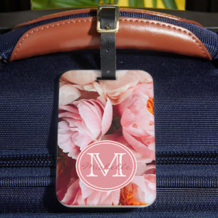 Etiqueta Para Maletas Monogramación de peoneses elegantes rosados y melo