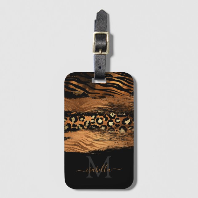 Etiqueta Para Maletas Monogramado Black Gold Elegant Script Copper (Anverso vertical)