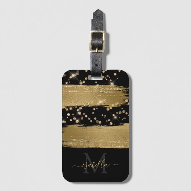 Etiqueta Para Maletas Monogramado Black Gold Script Black Gold (Anverso vertical)
