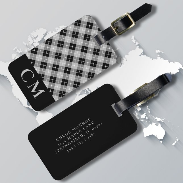 Etiqueta Para Maletas Monogramado Black Plaid Modern Simple Initials (Subido por el creador)