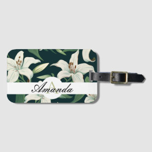 Etiqueta Para Maletas Monogramado del patrón de lirio verde y blanco del