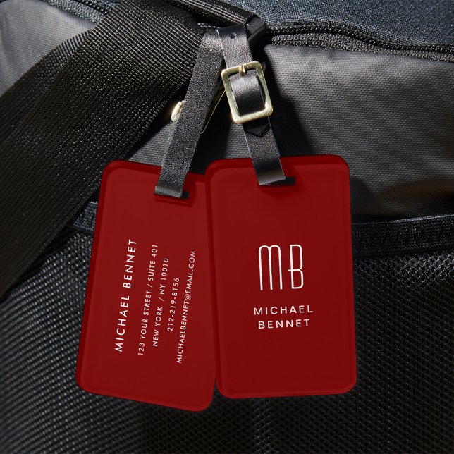 Etiqueta Para Maletas Monogramado moderno de Borgoña (Modern Red Monogrammed Luggage Tag)