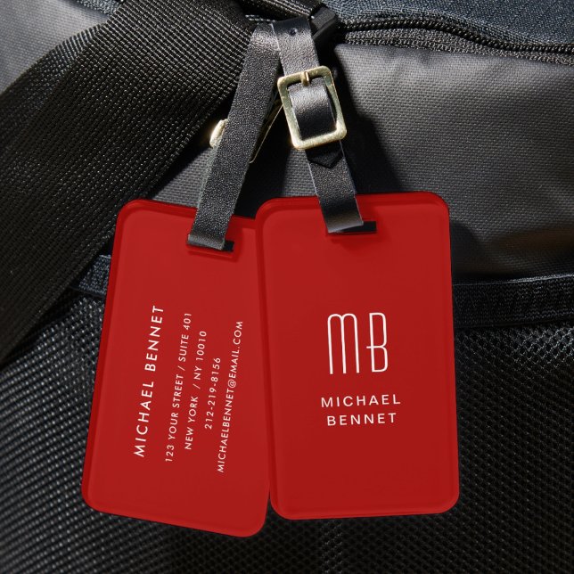 Etiqueta Para Maletas Monogramado rojo moderno (Modern Red Monogrammed Luggage Tag)