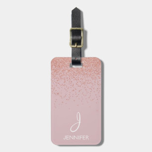 Etiqueta Para Maletas Monogramado Rosa Gold Purpurina y Rubor Pink