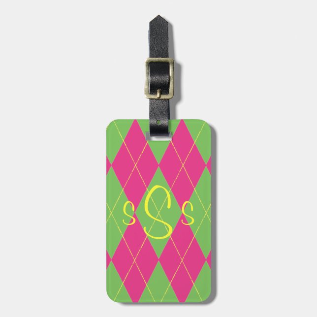 Etiqueta Para Maletas Monogramado rosa y verde arglo (Frente Vertical)