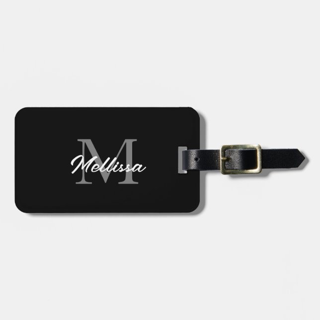 Etiqueta Para Maletas Monogramas Nombre personalizado Negro Blanco SImpl (Frente Horizontal)
