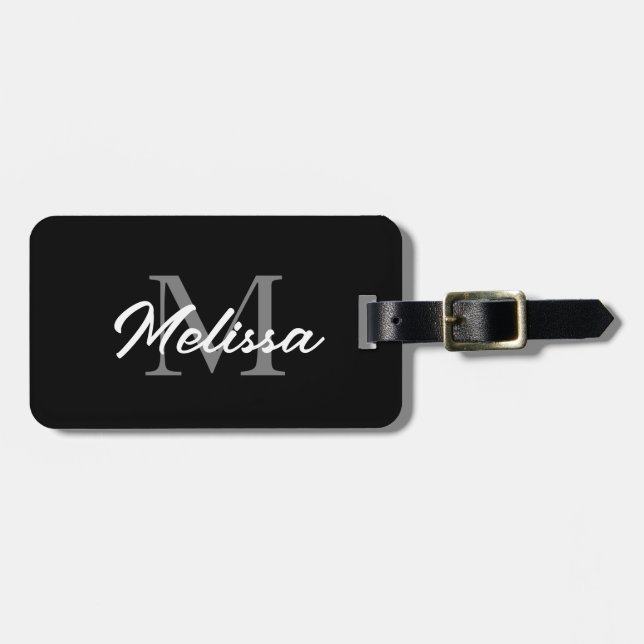 Etiqueta Para Maletas Monogramas Nombre personalizado Negro Gris Simple (Frente Horizontal)