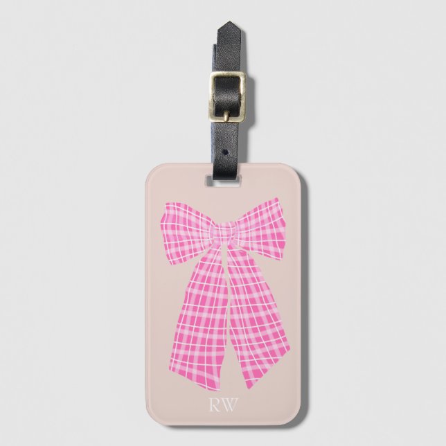 Etiqueta Para Maletas Monogramed Pink Gingham Romantic Coquette Bow (Anverso vertical)