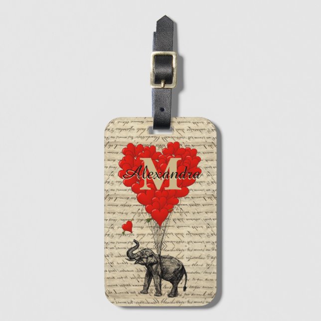 Etiqueta Para Maletas Monogrammed romantic elephant and heart (Anverso vertical)