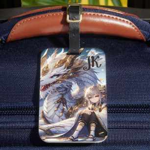 Etiqueta Para Maletas Monogramo de Anime Chica y Dragon Blanco y Oro