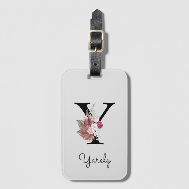 Etiqueta Para Maletas Monogramo Y Pink Boho Floral (Anverso vertical)