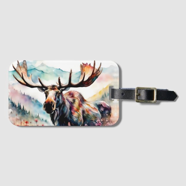 Etiqueta Para Maletas Moose in Wildflowers acuarela (Anverso horizontal)