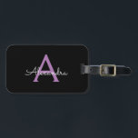 Etiqueta Para Maletas Morado Black Script Girly Monograma Nombre<br><div class="desc">Monograma negro y púrpura Añada su propio nombre Script Etiqueta de bolsa para el equipaje La etiqueta de la bolsa hace el dulce perfecto de 16 años,  boda,  ducha de novia,  ducha de bebé o regalo de soltera para alguien decorando su habitación con estilo.</div>