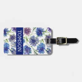 Etiqueta Para Maletas morado, flores azules, acuarela