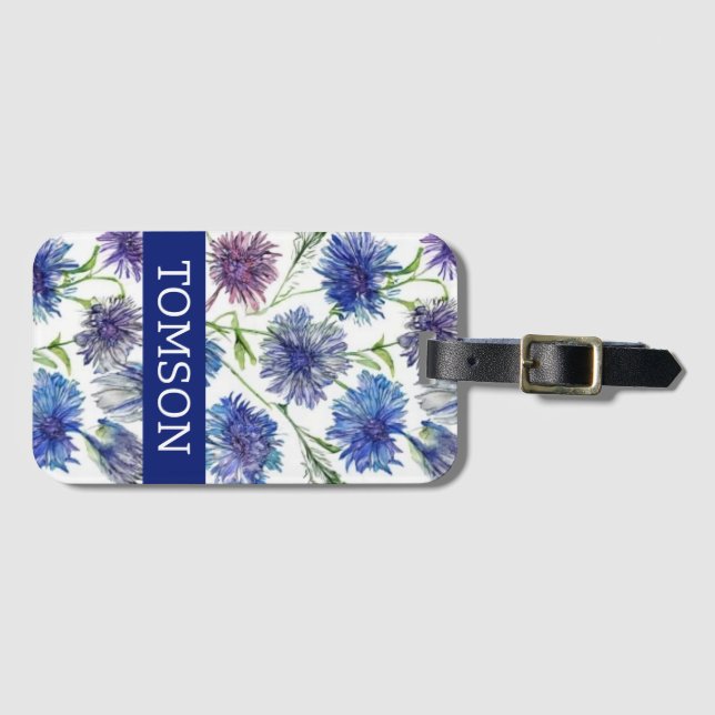 Etiqueta Para Maletas morado, flores azules, acuarela (Anverso horizontal)