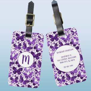 Etiqueta Para Maletas Morado Monograma de color de agua de mariposa