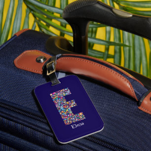 Etiqueta Para Maletas Morado verde amarillo floral Monograma E inicial a