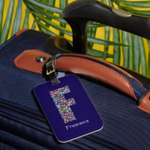 Etiqueta Para Maletas Morado verde amarillo floral Monograma inicial F a