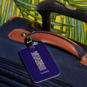 Etiqueta Para Maletas Morado verde amarillo floral Monograma Inicial I a