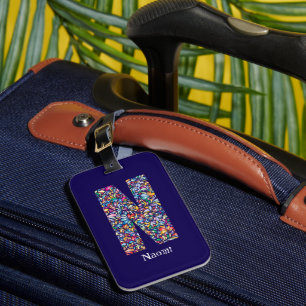 Etiqueta Para Maletas Morado verde amarillo floral Monograma inicial N a