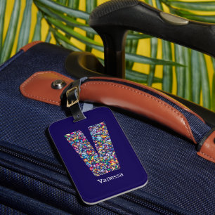 Etiqueta Para Maletas Morado verde amarillo floral Monograma Inicial V a