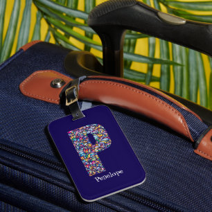 Etiqueta Para Maletas Morado verde amarillo floral Monograma P azul inic