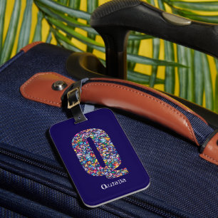 Etiqueta Para Maletas Morado verde amarillo floral Monograma Q inicial a