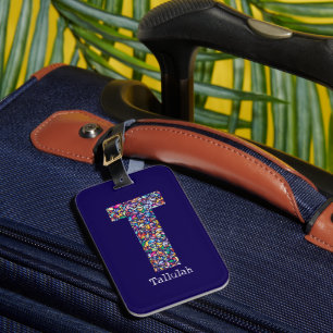 Etiqueta Para Maletas Morado verde amarillo floral Monograma T azul inic