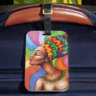 Etiqueta Para Maletas Mujer africana con tejidos tradicionales de cera