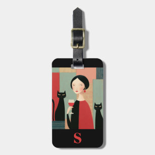 Etiqueta Para Maletas Mujer Elegante Monograma Gatos Negros y Vino
