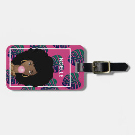 Etiqueta Para Maletas Mujer negra, bblegum, hojas tropicales, rosa calie