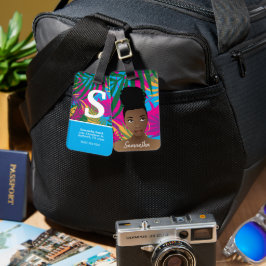 Etiqueta Para Maletas Mujer negra, coloridas hojas tropicales, azul