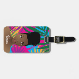 Etiqueta Para Maletas Mujer negra, coloridas hojas tropicales, monograma