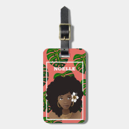 Etiqueta Para Maletas Mujer negra con flores, hojas verdes tropicales, c