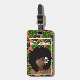 Etiqueta Para Maletas Mujer negra, hola verano, hojas tropicales, coral