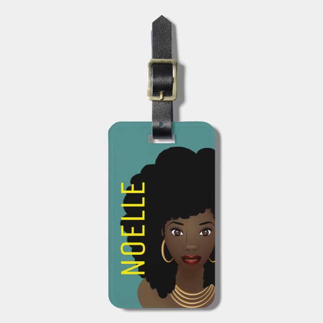 Etiqueta Para Maletas Mujer negra, texto amarillo, verde Verde azulado (Frente Vertical)