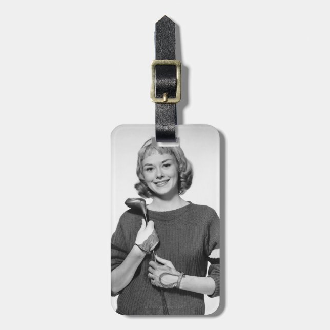 Etiqueta Para Maletas Mujer que detiene al club de golf (Frente Vertical)