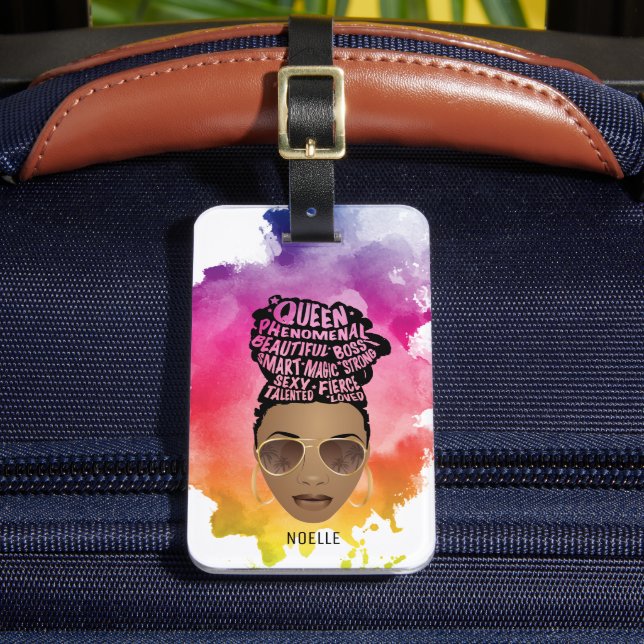 Etiqueta Para Maletas Mujeres motivadoras negras, pelo natural, acuarela (Anverso In situ 2)