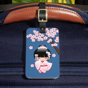 Etiqueta Para Maletas Muñeca Kokeshi de Kimono Rosa sobre Azul