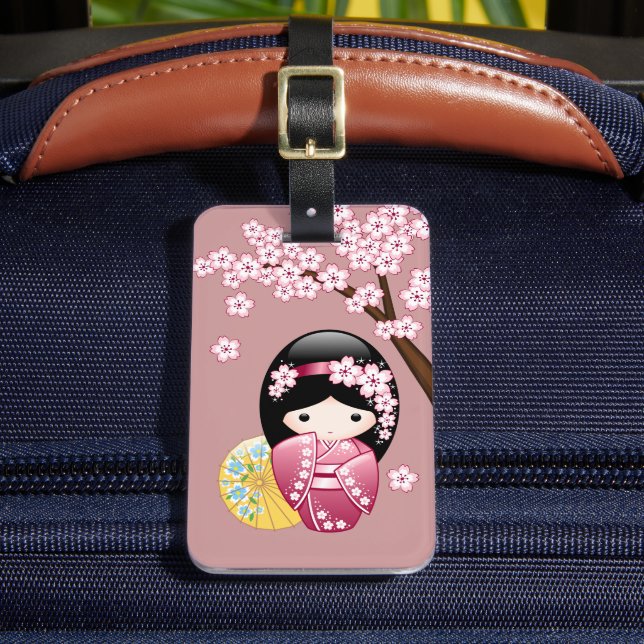 Etiqueta Para Maletas Muñeca Kokeshi primavera - Geisha japonesa suave e (Anverso In situ 2)