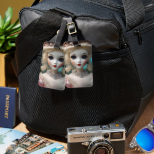 Etiqueta Para Maletas Muñeca Vintage con ojos azules,