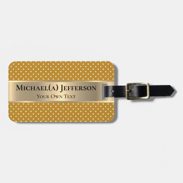 Etiqueta Para Maletas Mustard Yellow Polka Dots Gold Band Personalized (Frente Horizontal)