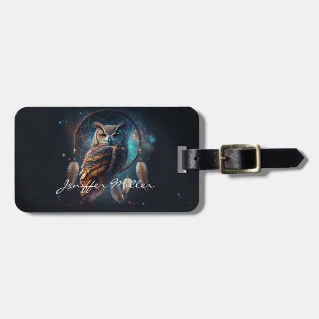 Etiqueta Para Maletas Mystical Space Owl with Dreamcatcher Art        (Frente Horizontal)