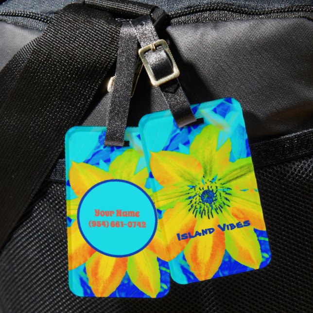 Etiqueta Para Maletas Naranja amarillo brillante y flor azul (Subido por el creador)