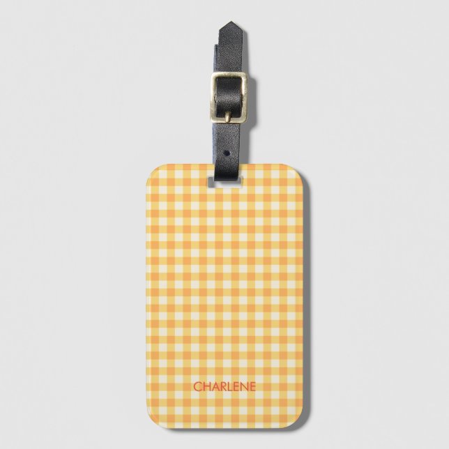 Etiqueta Para Maletas Naranja amarillo Ish Preppy Gingham Plaid (Anverso vertical)