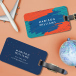 Etiqueta Para Maletas Naranja azul Verde azulado vibrante moderno audaz<br><div class="desc">Etiqueta de equipajes moderna y de moda con vibrantes y gruesas pinceladas de marcador en azul naranja y verde azulado con pequeños toques de naranja y verde azulado encima de ella en la parte delantera y con un dorso azul con pequeños toques de naranja y verde azulado. Personalízalo reemplazando el...</div>