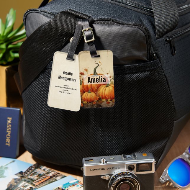 Etiqueta Para Maletas Naranja Calabazas Rustic Otoño (Anverso & Reverso)