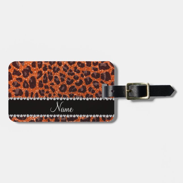Etiqueta Para Maletas Naranja de nombre personalizado purpurina leopardo (Frente Horizontal)