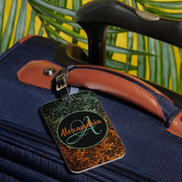 Etiqueta Para Maletas Naranja elegante y monograma floral negro verde